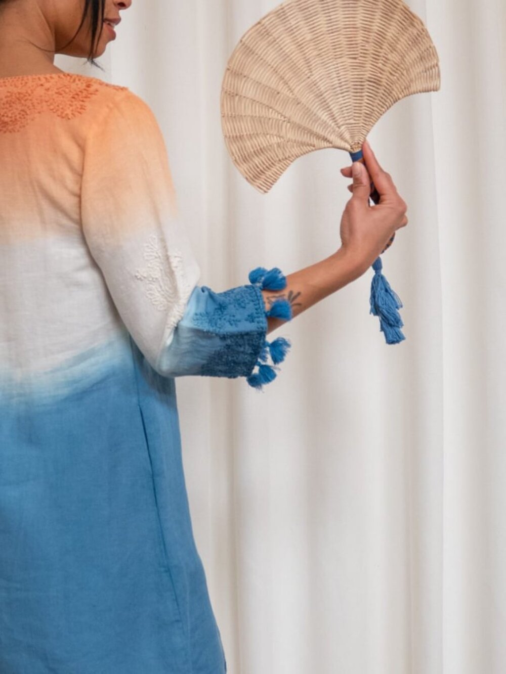 Rattan Fan - Natural W/ Blue & Leather Stripe Handle And Blue Tassel